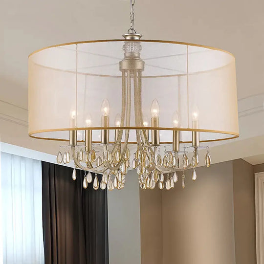 Cylinder Rustic Fabric Ceiling Light With Crystal Drop - 5/8 Lights Gold Chandelier 8 /