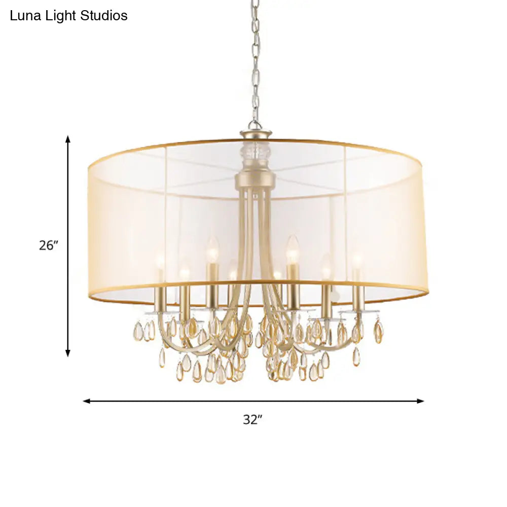 Cylinder Rustic Fabric Ceiling Light With Crystal Drop - 5/8 Lights Gold Chandelier