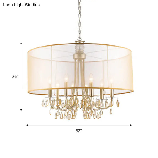 Cylinder Rustic Fabric Ceiling Light With Crystal Drop - 5/8 Lights Gold Chandelier