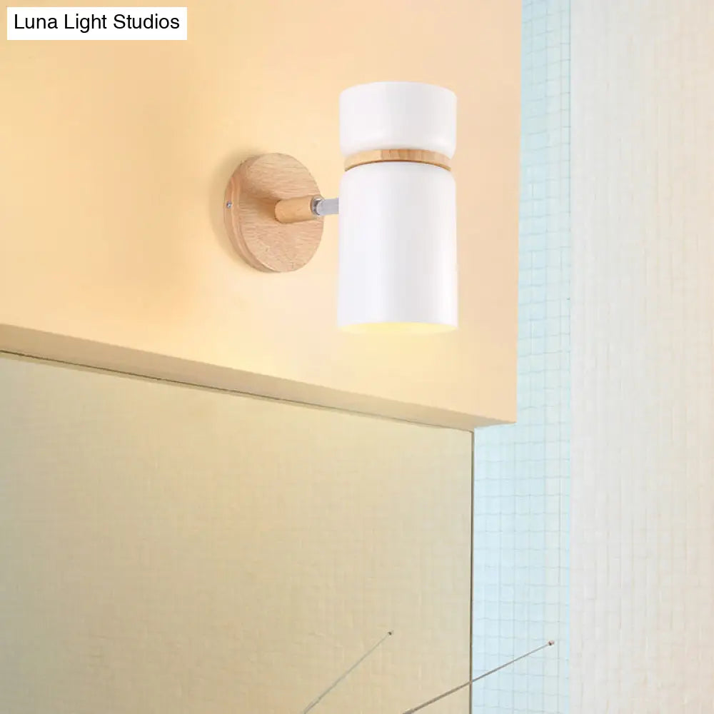 Cylinder Sconce Light: Modern Grey/White Metal Wall Mounted Lighting With Round Wood Backplate