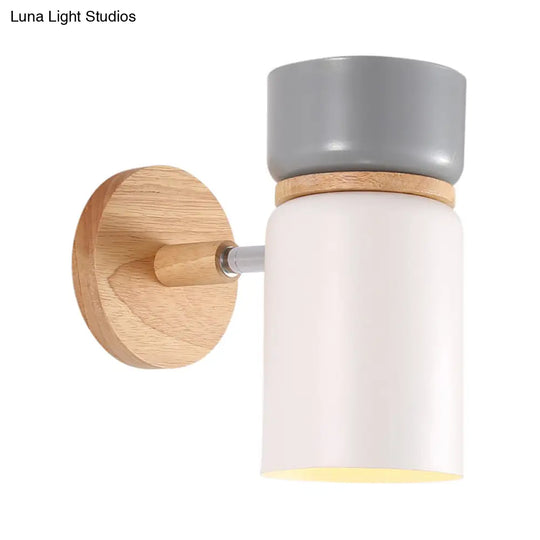 Cylinder Sconce Light: Modern Grey/White Metal Wall Mounted Lighting With Round Wood Backplate