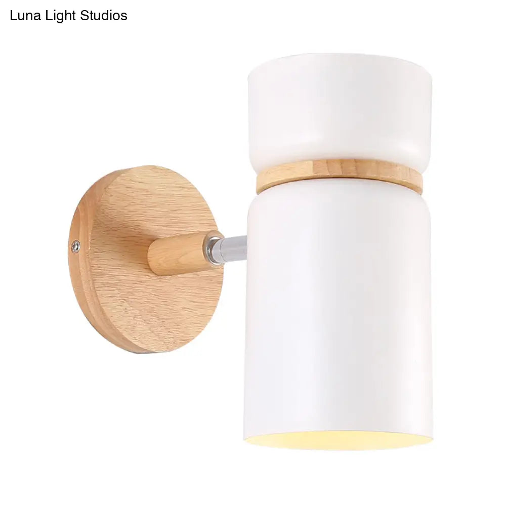 Cylinder Sconce Light: Modern Grey/White Metal Wall Mounted Lighting With Round Wood Backplate