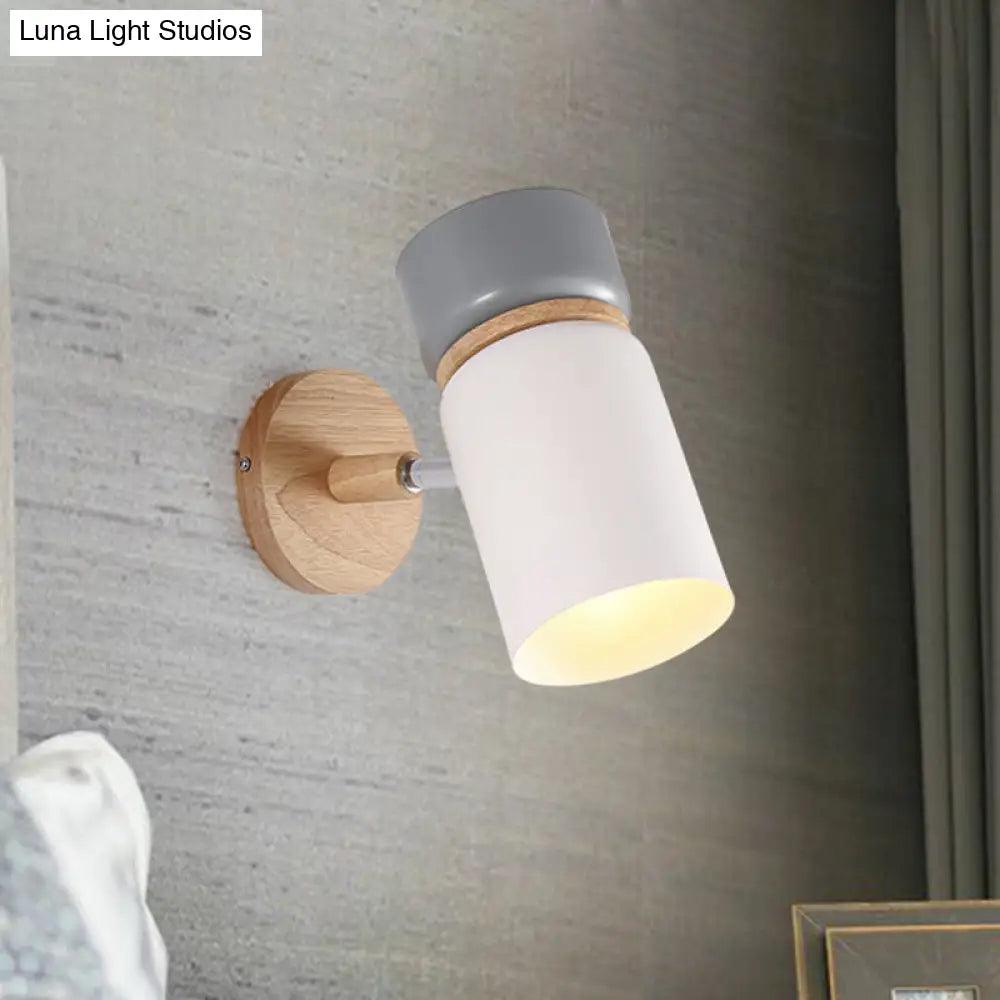 Cylinder Sconce Light: Modern Grey/White Metal Wall Mounted Lighting With Round Wood Backplate