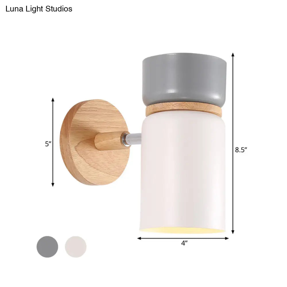 Cylinder Sconce Light: Modern Grey/White Metal Wall Mounted Lighting With Round Wood Backplate