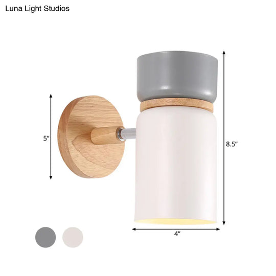 Cylinder Sconce Light: Modern Grey/White Metal Wall Mounted Lighting With Round Wood Backplate