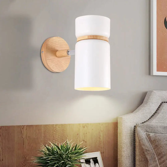 Cylinder Sconce Light: Modern Grey/White Metal Wall Mounted Lighting With Round Wood Backplate White