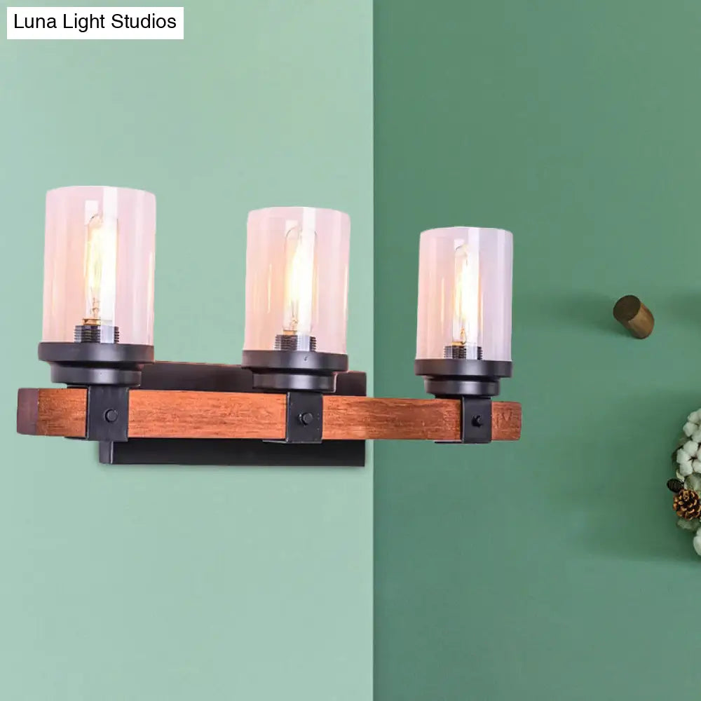 Cylinder Shade Clear Glass Wall Sconce: 3-Bulb Brown Fixture For Traditional Living Rooms