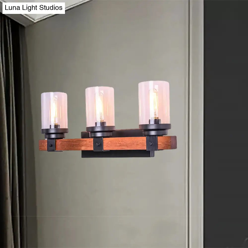 Cylinder Shade Clear Glass Wall Sconce: 3-Bulb Brown Fixture For Traditional Living Rooms