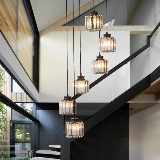 Cylinder Staircase Multi Ceiling Light Clear Crystal Modern Suspension Fixture 6 / Black