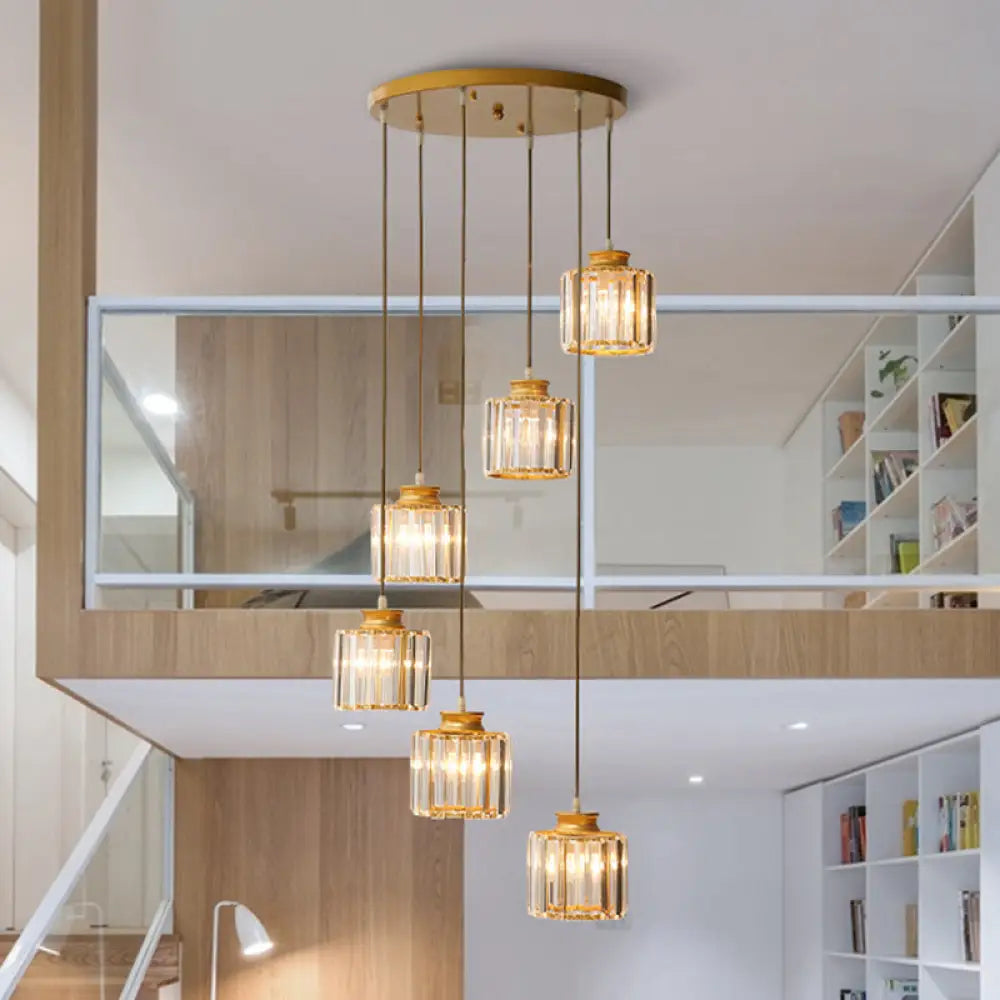 Cylinder Staircase Multi Ceiling Light Clear Crystal Modern Suspension Fixture 6 / Gold