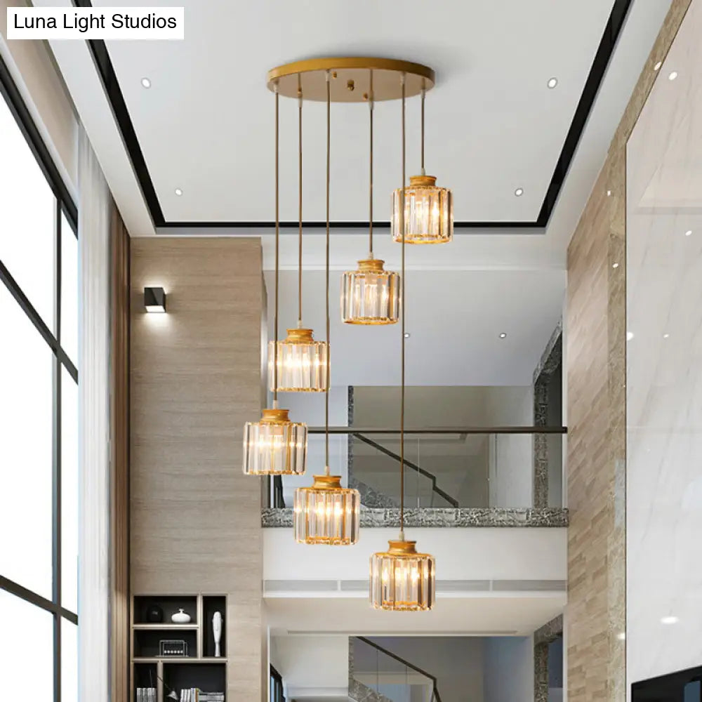 Cylinder Staircase Multi Ceiling Light Clear Crystal Modern Suspension Fixture