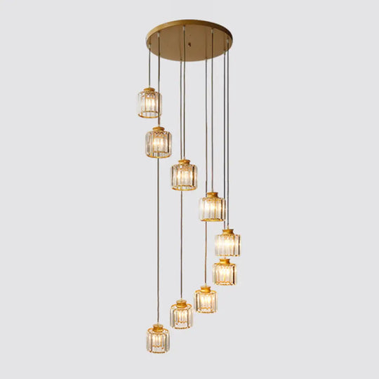 Cylinder Staircase Multi Ceiling Light Clear Crystal Modern Suspension Fixture 9 / Gold