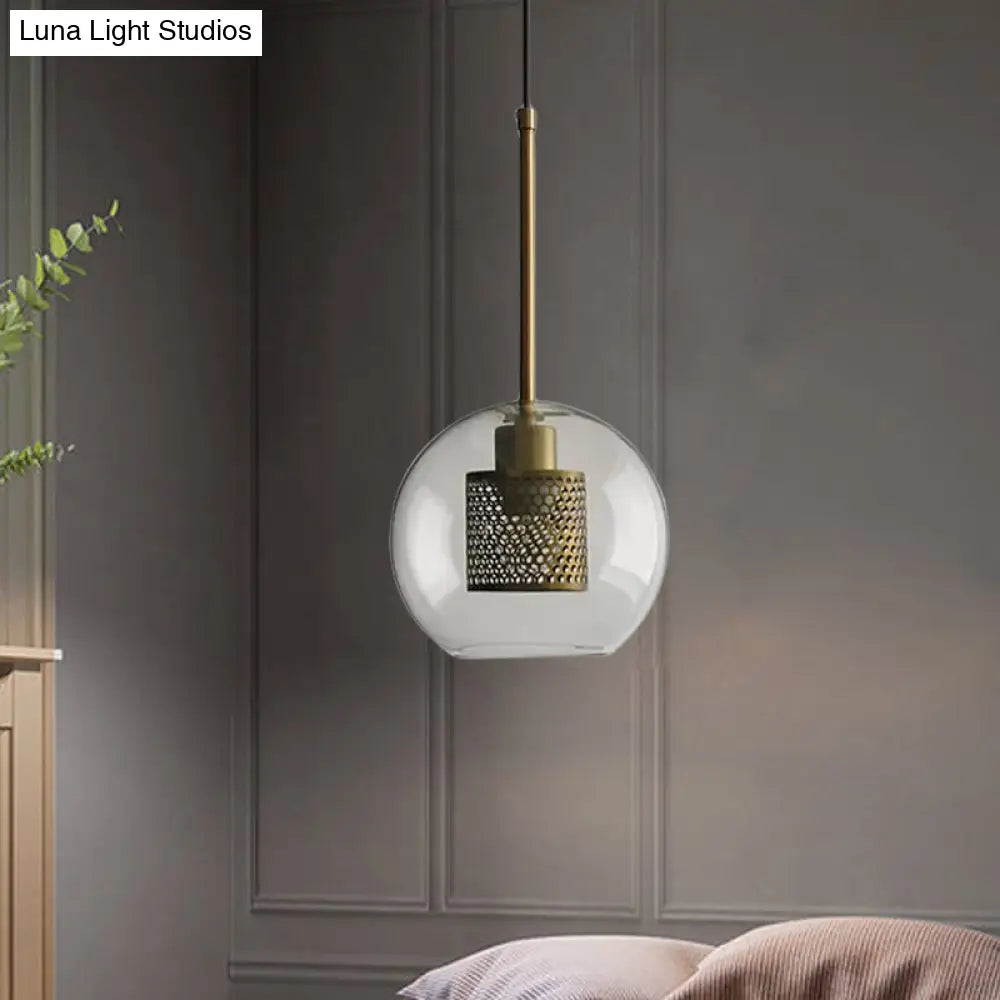 Cylindrical Colonial Metal Mesh Bedroom Pendant Light With Clear Glass Shade Bronze/Silver Gray