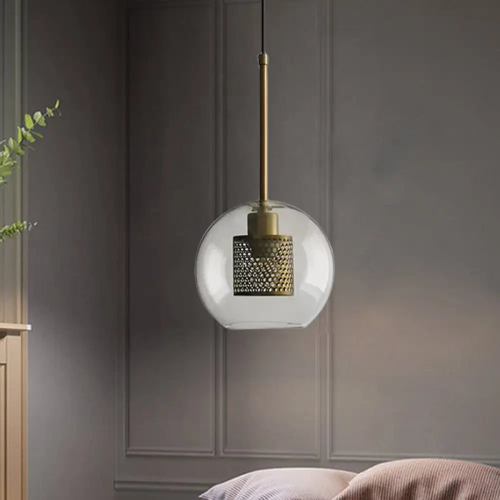 Cylindrical Colonial Metal Mesh Bedroom Pendant Light With Clear Glass Shade Bronze/Silver Gray