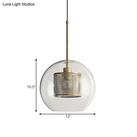 Cylindrical Colonial Metal Mesh Bedroom Pendant Light With Clear Glass Shade Bronze/Silver Gray