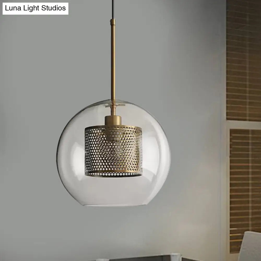 Cylindrical Colonial Metal Mesh Bedroom Pendant Light With Clear Glass Shade Bronze/Silver Gray