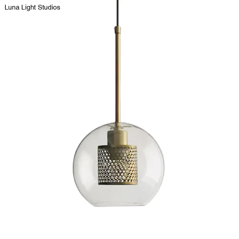 Cylindrical Colonial Metal Mesh Bedroom Pendant Light With Clear Glass Shade Bronze/Silver Gray