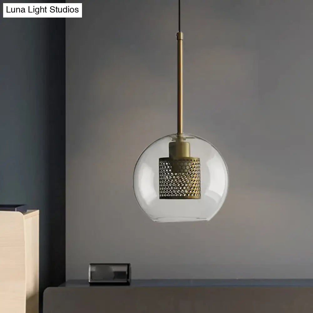 Cylindrical Colonial Metal Mesh Bedroom Pendant Light With Clear Glass Shade Bronze/Silver Gray