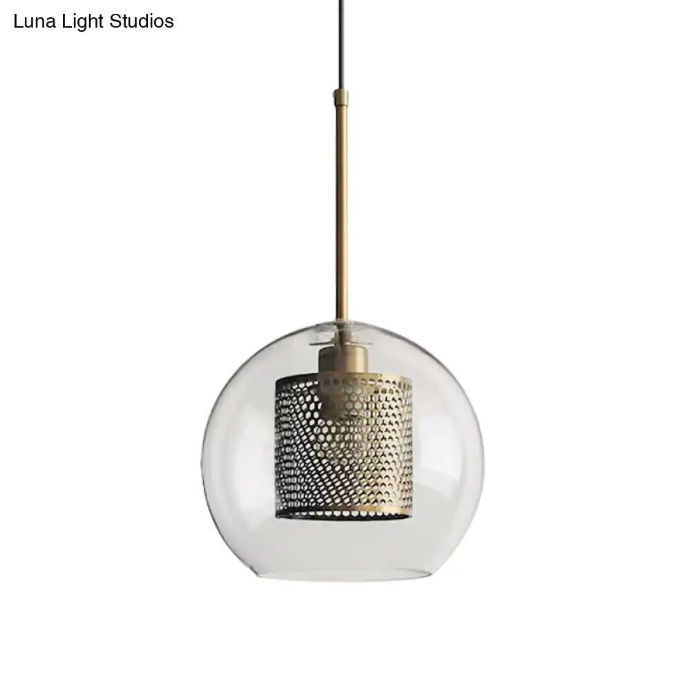 Cylindrical Colonial Metal Mesh Bedroom Pendant Light With Clear Glass Shade Bronze/Silver Gray