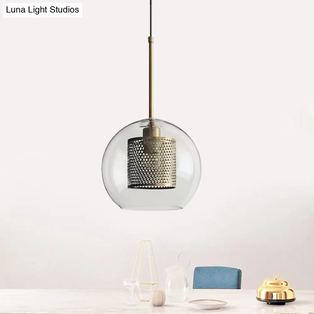 Cylindrical Colonial Metal Mesh Bedroom Pendant Light With Clear Glass Shade Bronze/Silver Gray