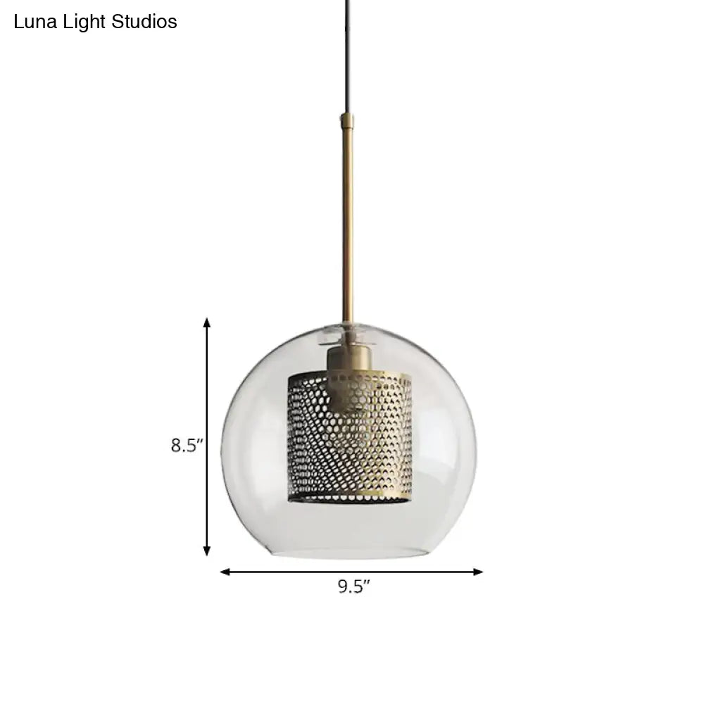 Cylindrical Colonial Metal Mesh Bedroom Pendant Light With Clear Glass Shade Bronze/Silver Gray