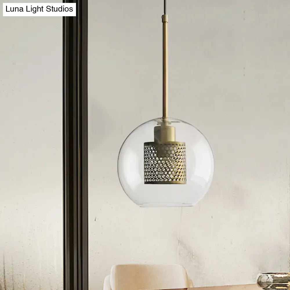 Cylindrical Colonial Metal Mesh Bedroom Pendant Light With Clear Glass Shade Bronze/Silver Gray