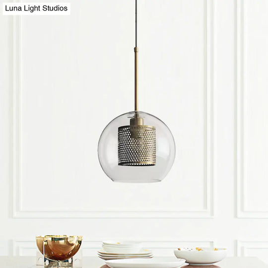 Cylindrical Colonial Metal Mesh Bedroom Pendant Light With Clear Glass Shade Bronze/Silver Gray