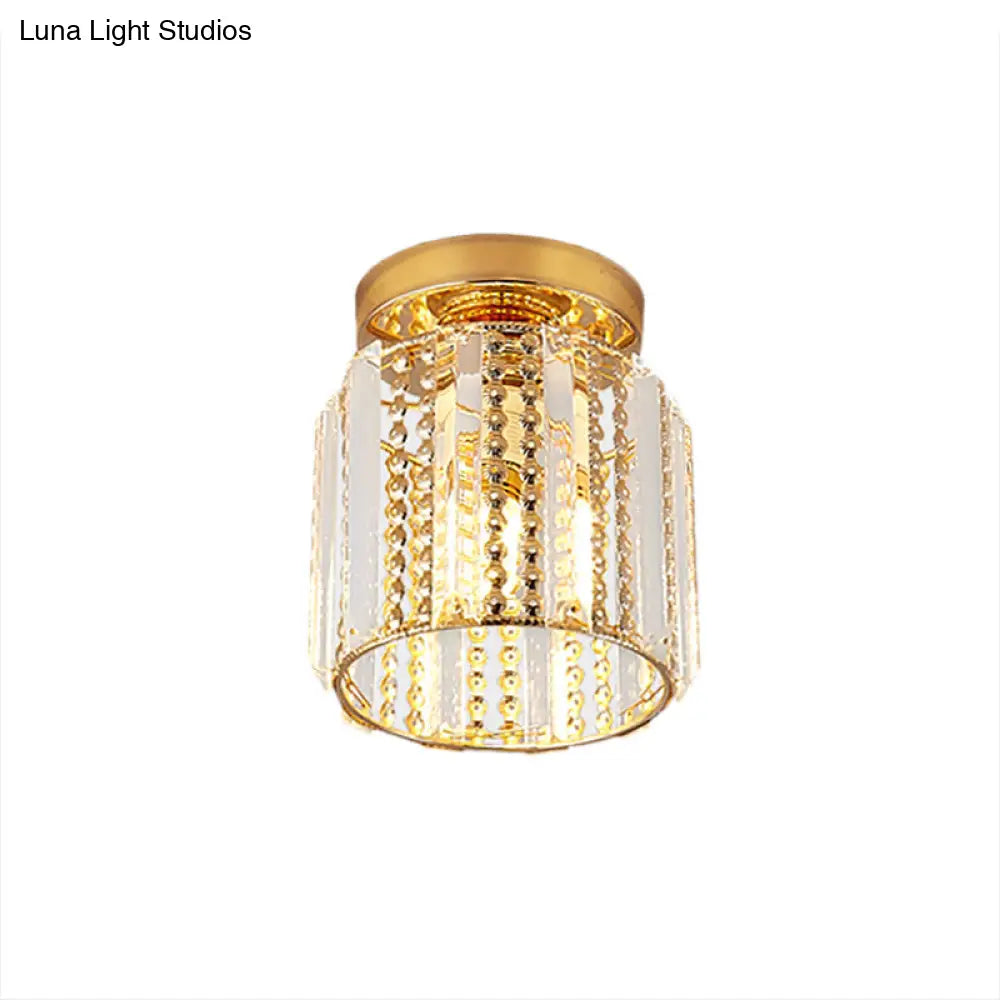Cylindrical Crystal Mini Flush Lamp - Elegant 1-Light Golden Corridor Ceiling Mounted Light 7 Wide