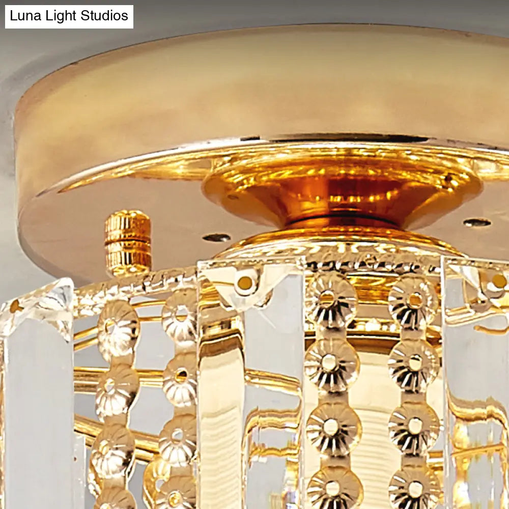 Cylindrical Crystal Mini Flush Lamp - Elegant 1-Light Golden Corridor Ceiling Mounted Light 7’ Wide