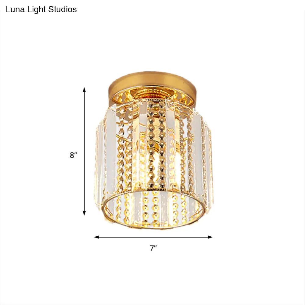 Cylindrical Crystal Mini Flush Lamp - Elegant 1-Light Golden Corridor Ceiling Mounted Light 7’ Wide