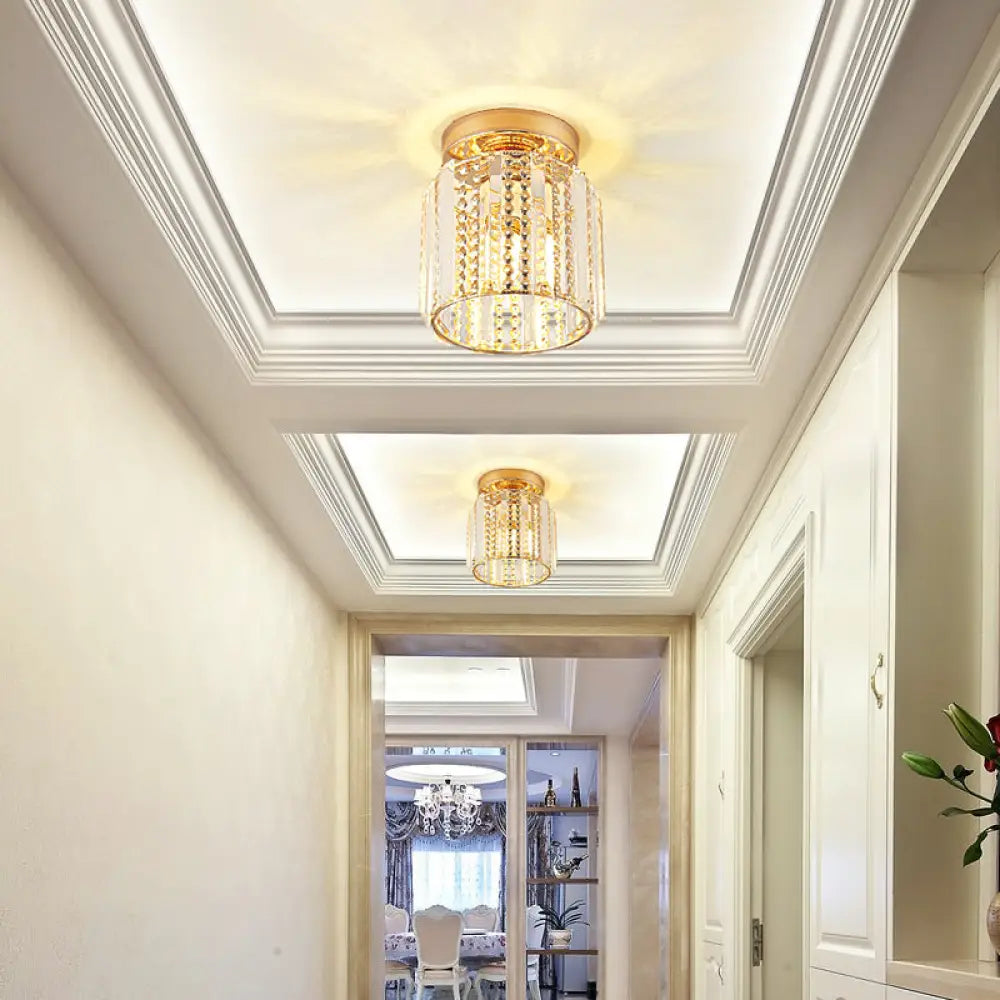 Cylindrical Crystal Mini Flush Lamp - Elegant 1-Light Golden Corridor Ceiling Mounted Light 7’