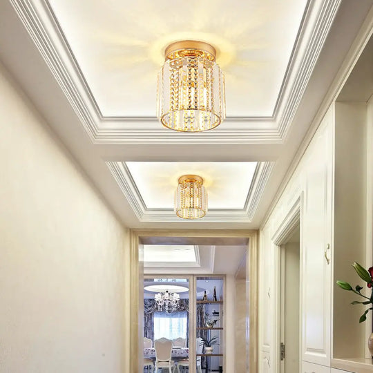 Cylindrical Crystal Mini Flush Lamp - Elegant 1-Light Golden Corridor Ceiling Mounted Light 7’