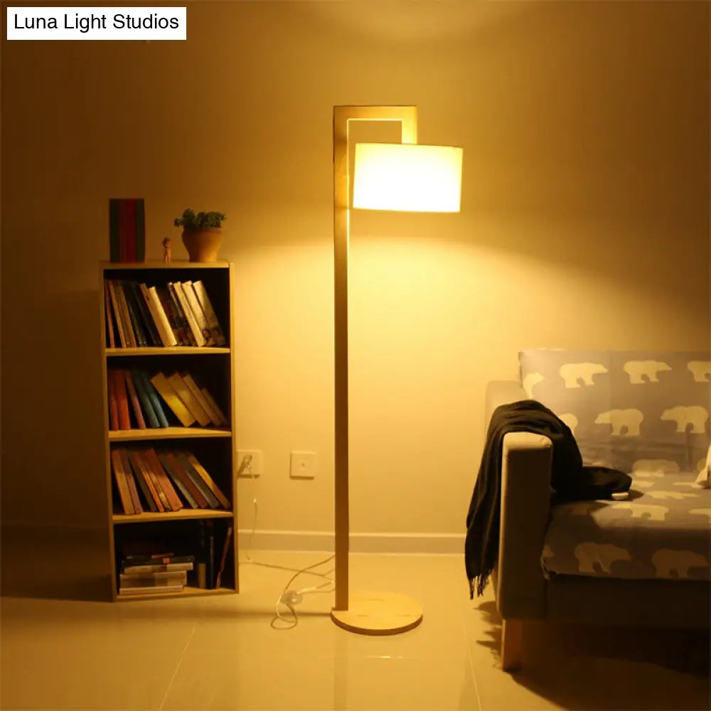 Cylindrical Fabric Floor Lamp - Minimalist Wood Stand With Right Angled Pole