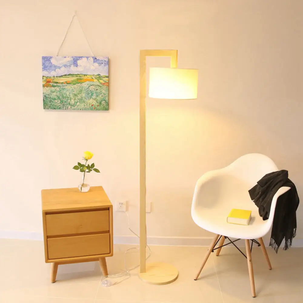 Cylindrical Fabric Floor Lamp - Minimalist Wood Stand With Right Angled Pole