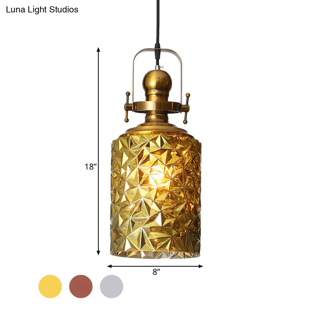 Loft Cylindrical Ceiling Pendant Light - Rust/Chrome/Gold Textured Glass Restaurant Lighting