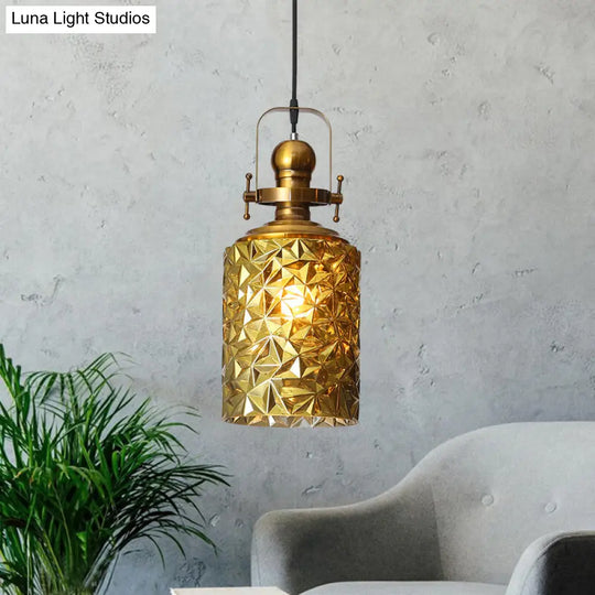 Loft Cylindrical Ceiling Pendant Light - Rust/Chrome/Gold Textured Glass Restaurant Lighting Gold