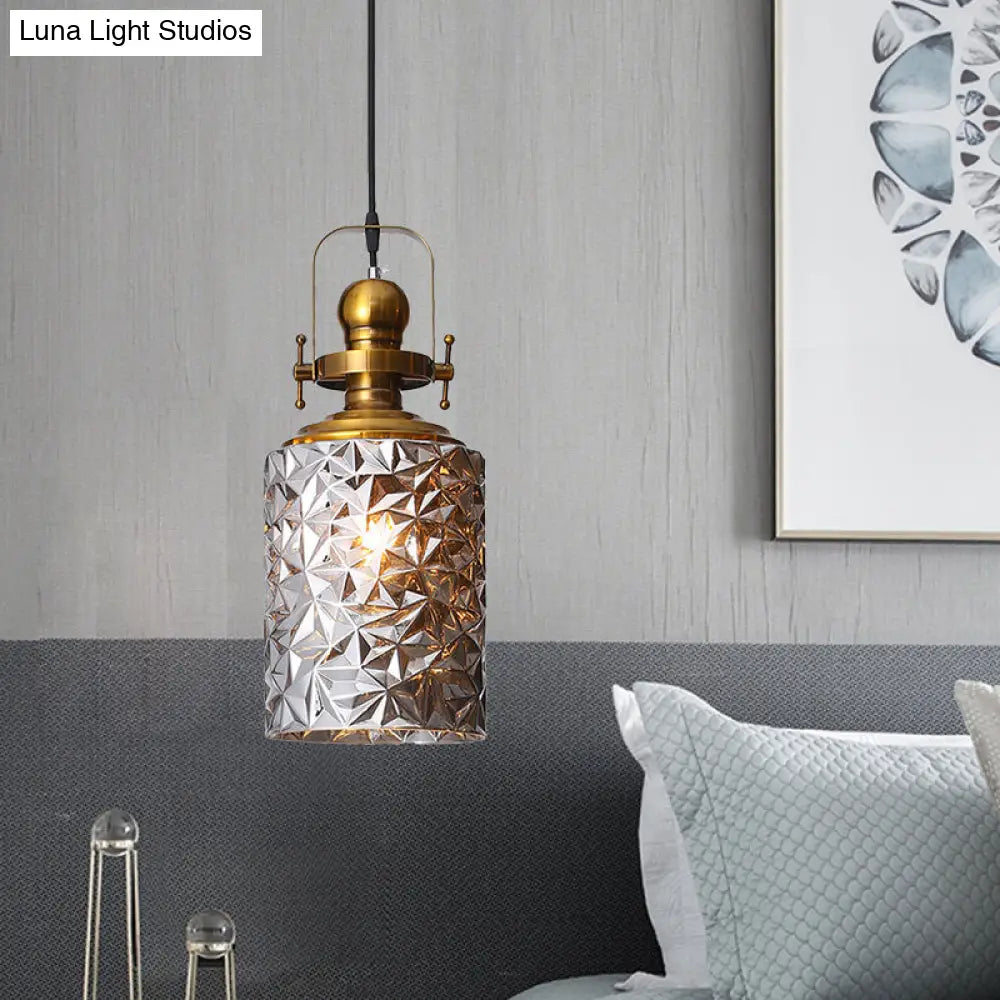 Loft Cylindrical Ceiling Pendant Light - Rust/Chrome/Gold Textured Glass Restaurant Lighting