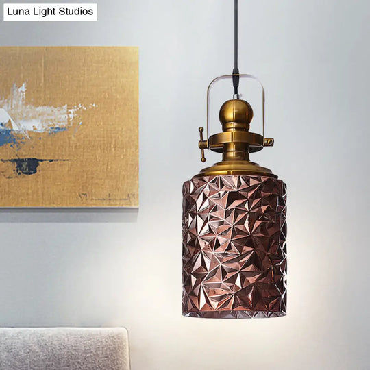 Loft Cylindrical Ceiling Pendant Light - Rust/Chrome/Gold Textured Glass Restaurant Lighting Rust
