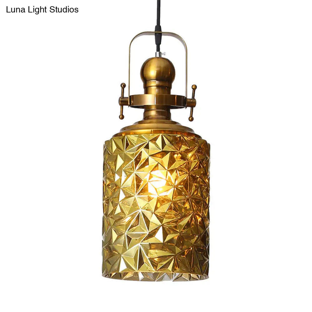 Loft Cylindrical Ceiling Pendant Light - Rust/Chrome/Gold Textured Glass Restaurant Lighting