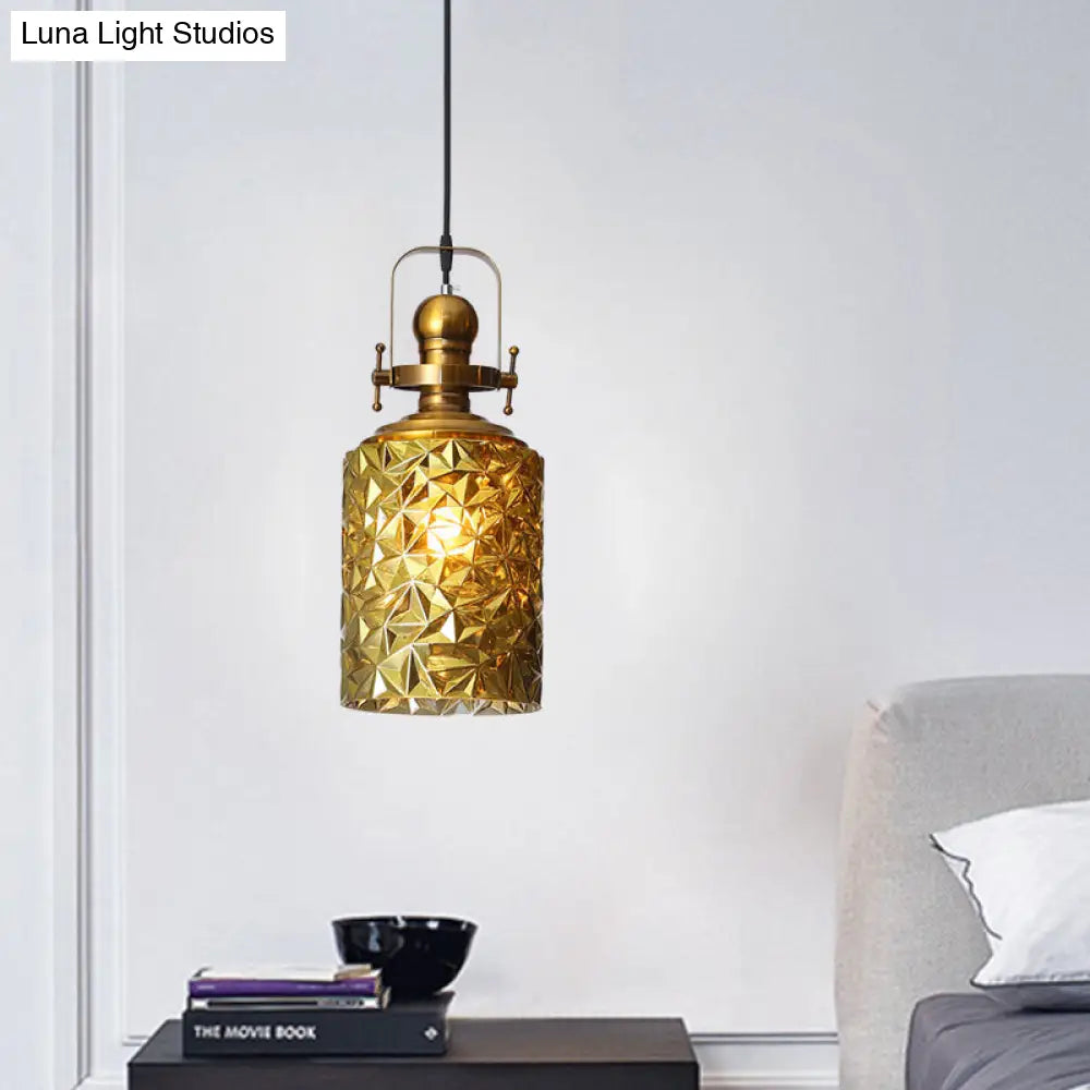 Loft Cylindrical Ceiling Pendant Light - Rust/Chrome/Gold Textured Glass Restaurant Lighting