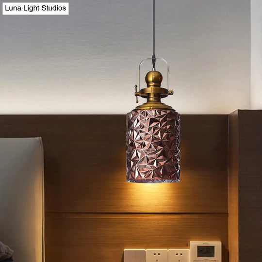Loft Cylindrical Ceiling Pendant Light - Rust/Chrome/Gold Textured Glass Restaurant Lighting