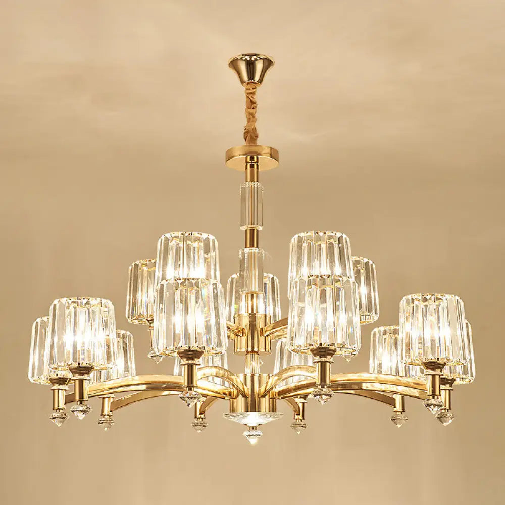 Cylindrical Gold Pendant Chandelier With Minimalist Optic Crystal Prism - Perfect For Living Room 15