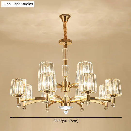 Cylindrical Gold Pendant Chandelier With Minimalist Optic Crystal Prism - Perfect For Living Room