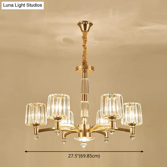 Cylindrical Gold Pendant Chandelier With Minimalist Optic Crystal Prism - Perfect For Living Room