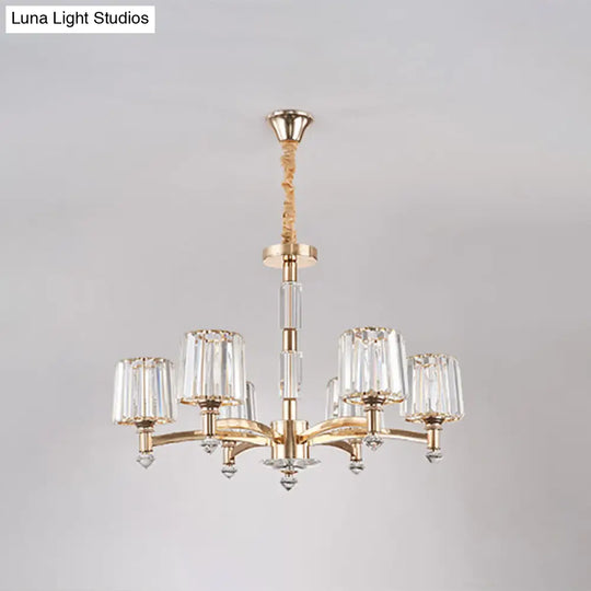 Cylindrical Gold Pendant Chandelier With Minimalist Optic Crystal Prism - Perfect For Living Room