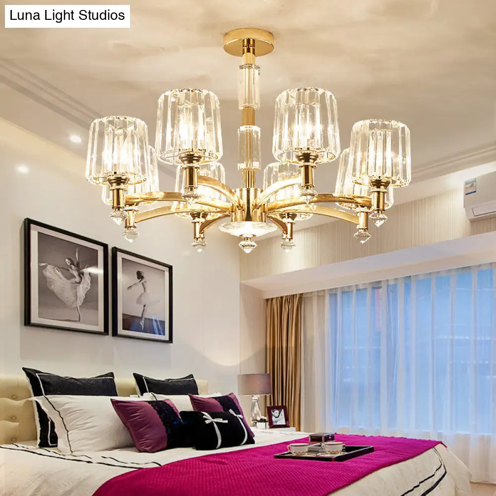 Cylindrical Gold Pendant Chandelier With Minimalist Optic Crystal Prism - Perfect For Living Room