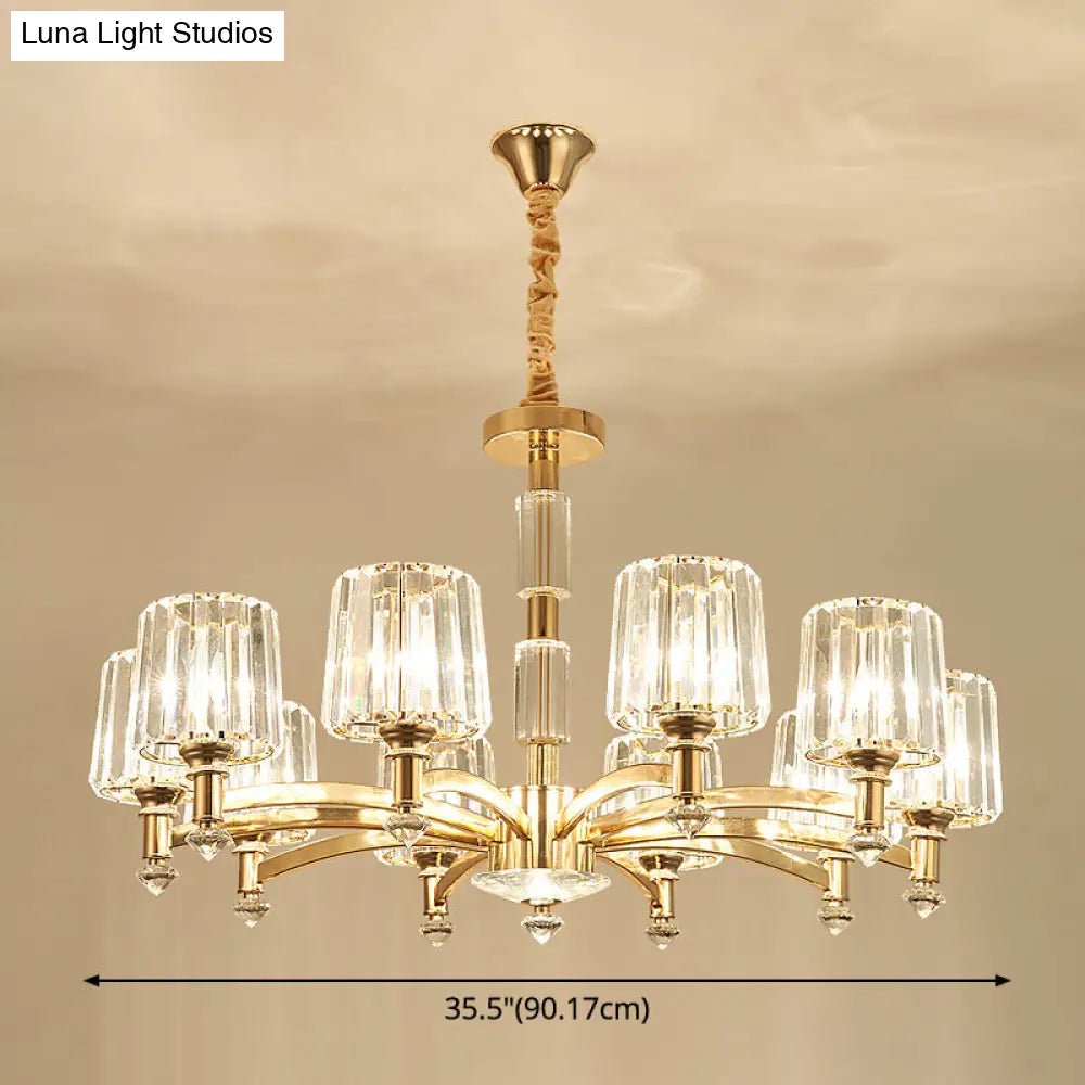 Cylindrical Gold Pendant Chandelier With Minimalist Optic Crystal Prism - Perfect For Living Room