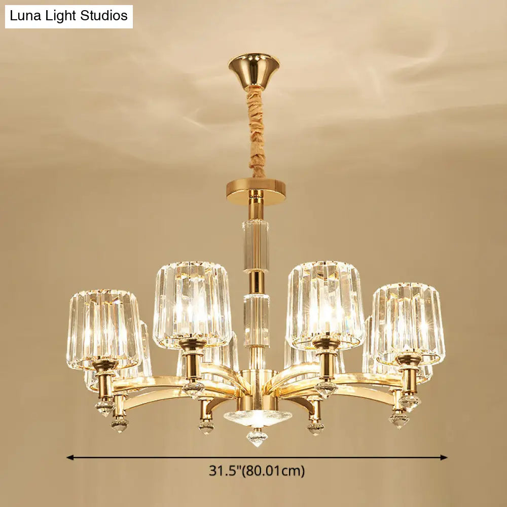 Cylindrical Gold Pendant Chandelier With Minimalist Optic Crystal Prism - Perfect For Living Room