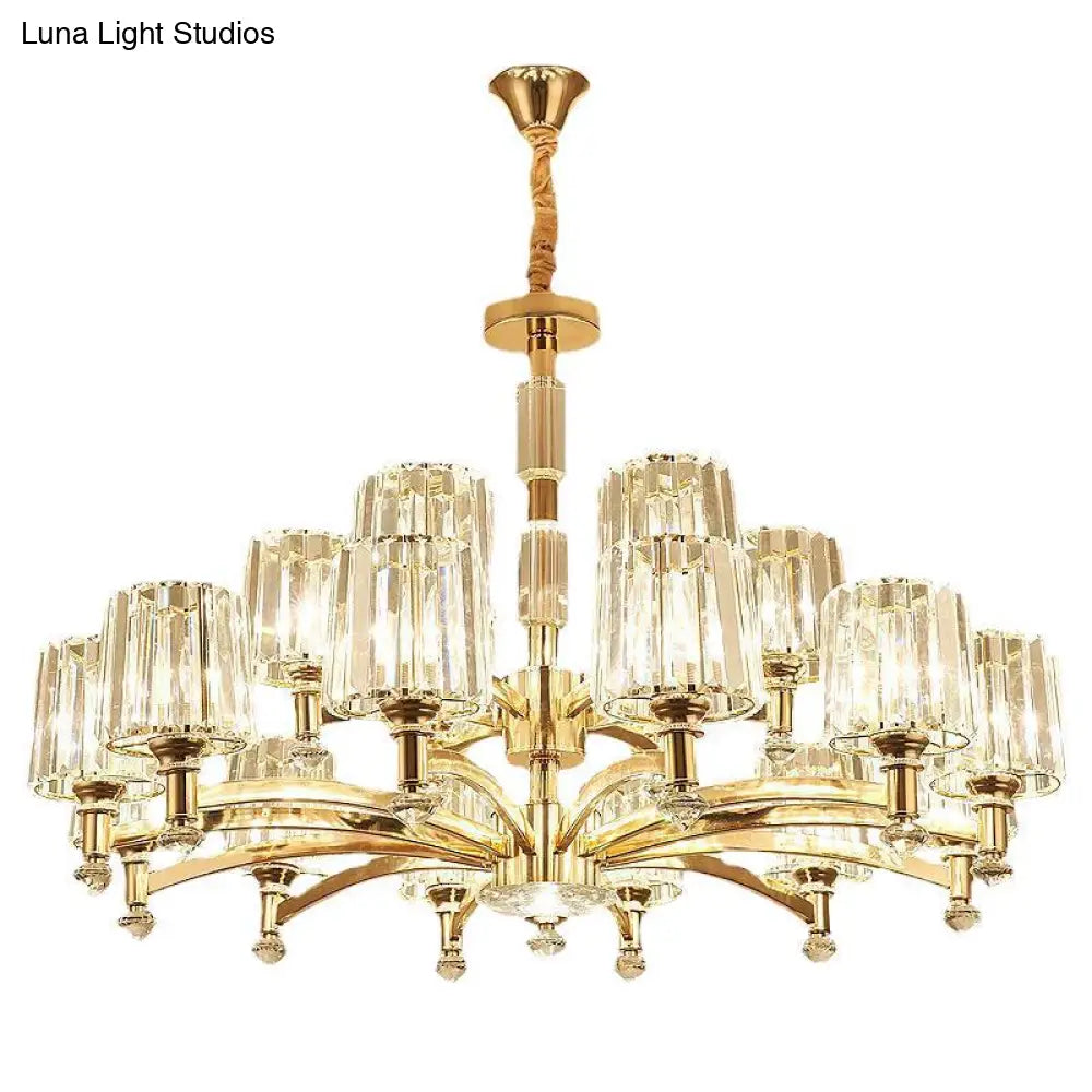 Cylindrical Gold Pendant Chandelier With Minimalist Optic Crystal Prism - Perfect For Living Room