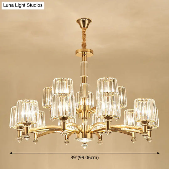 Cylindrical Gold Pendant Chandelier With Minimalist Optic Crystal Prism - Perfect For Living Room